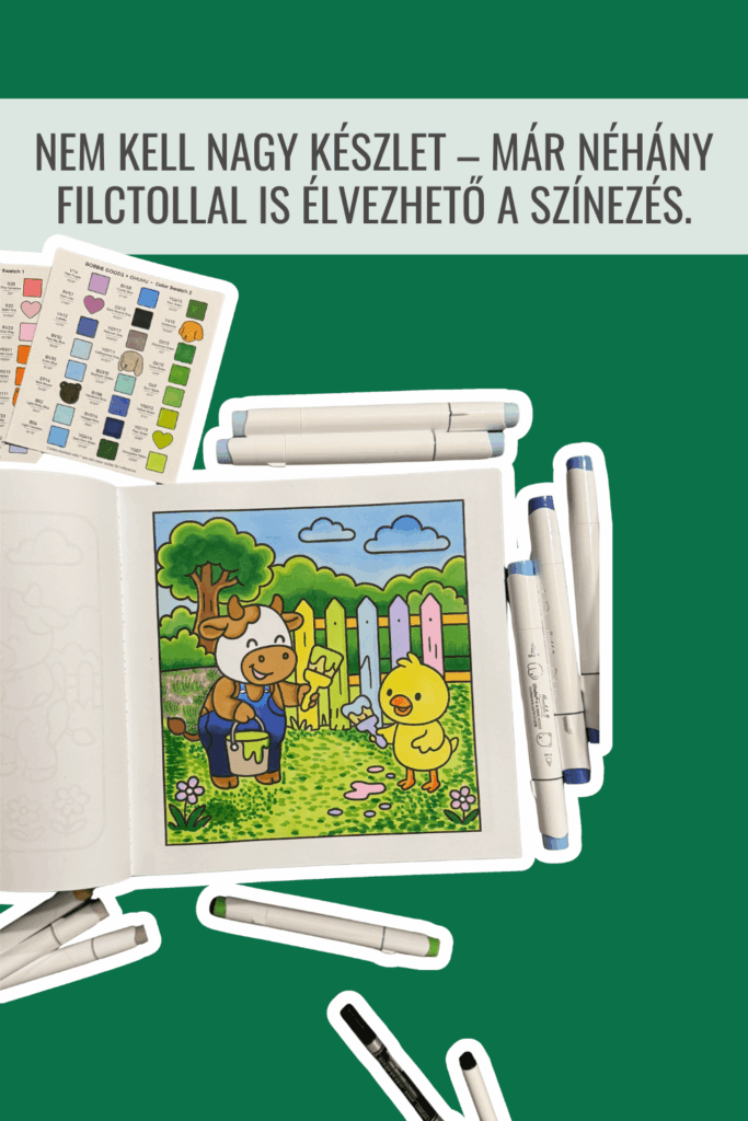 filctoll színezéshez felnőtt színezővel, minimális filctollkészlet használata