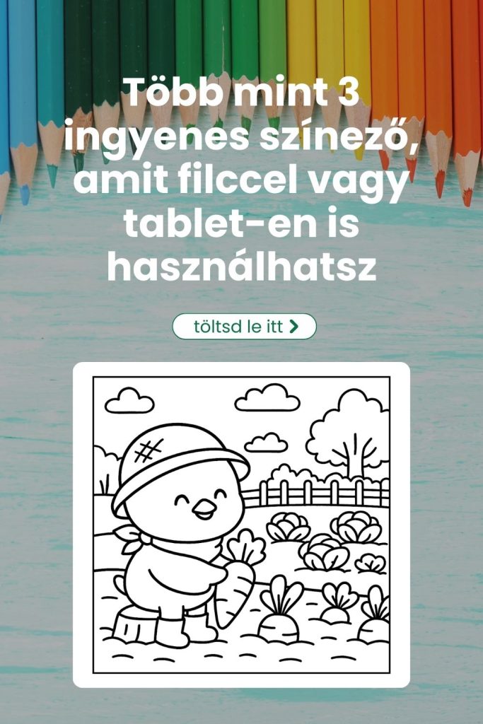 Ingyenes nyomtatható színező felnőtteknek, csibe karakterrel és kert témájú jelenettel
