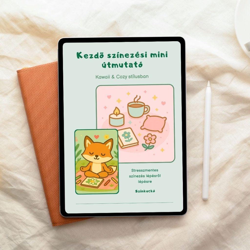 Ingyenes nyomtatható színező kezdőknek, tablet-en megjelenő mini útmutató kawaii és cozy stílusban