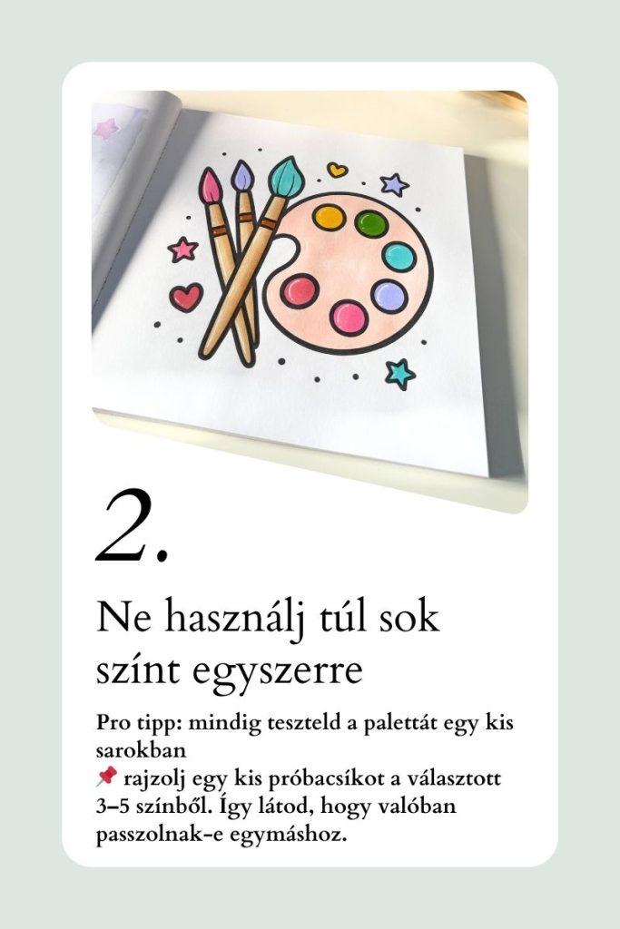 Színezési technikák kezdőknek: ne használj túl sok színt egyszerre, inkább válassz 3–5 árnyalatból álló palettát, és mindig teszteld egy kis próbacsíkkal a harmonikus végeredményért.