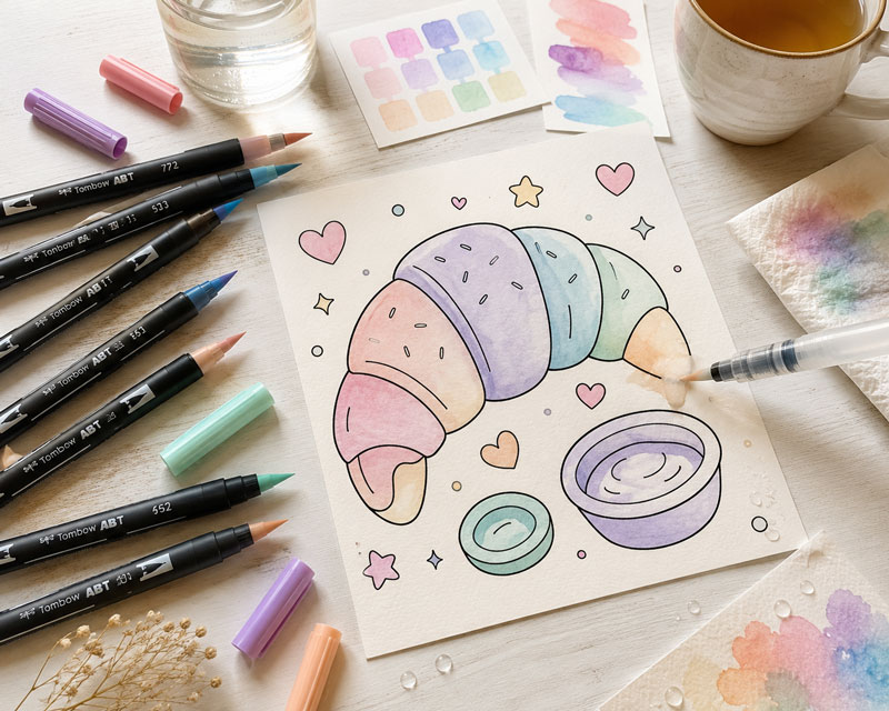 Akvarell ecsetfilcekkel készült pasztell kawaii színezőlap vízzel elmosott színátmenetekkel és festőeszközökkel.