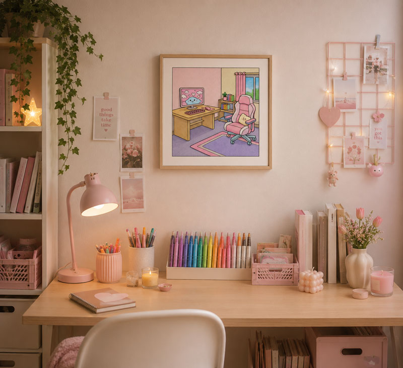Bekeretezett, saját kezűleg kiszínezett kawaii kép egy otthonos dolgozósarok falán.