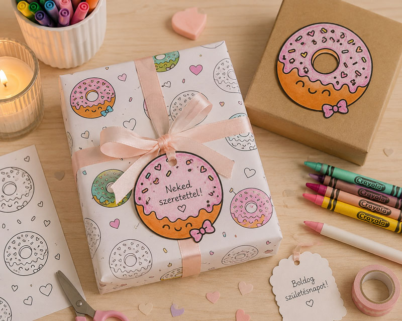 Saját készítésű ajándékcsomagolás kiszínezett kawaii színező lapokkal, ajándékcímkével és kraft díszdobozzal.