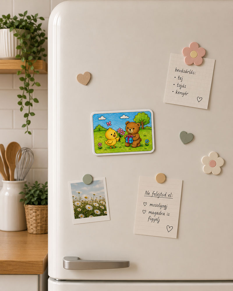 Kiszínezett kawaii hűtőmágnes a hűtőajtón, kreatív DIY dekoráció színező lapból. DIY kreatív hobbi felnőtteknek