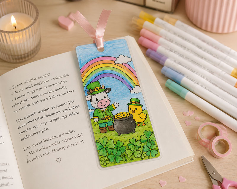 Kiszínezett kawaii könyvjelző szalaggal egy nyitott könyvben, egyszerű DIY ötlet színező lapból.
