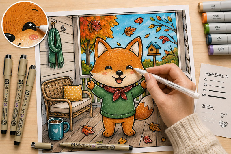 Fehér géltollal és finelinerrel készülnek az utolsó részletek egy alkoholos filccel kiszínezett kawaii színezőlapon.