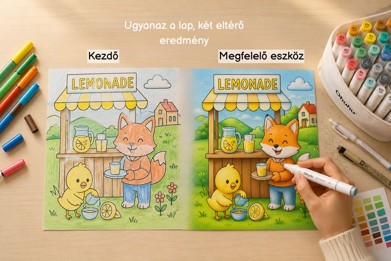 Filctoll színezés összehasonlítása ugyanazon a kawaii színezőlapon: bal oldalon egyszerű filctollakkal, jobb oldalon alkoholos markerekkel készült professzionális eredmény.