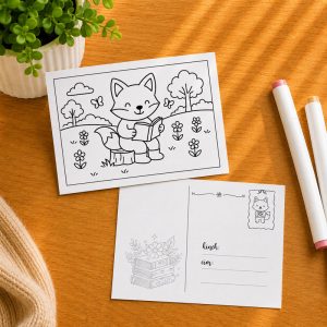 Kifesthető képeslap könyvet olvasó kawaii rókával egy virágos réten.