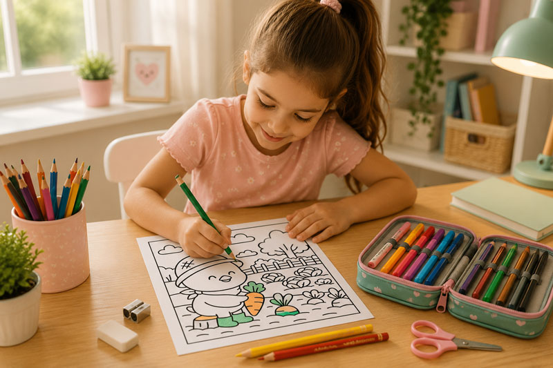 Mit vegyünk iskolába elsősnek rajzfelszerelés terén? Kislány színez színes ceruzával egy kawaii színezőlapon.