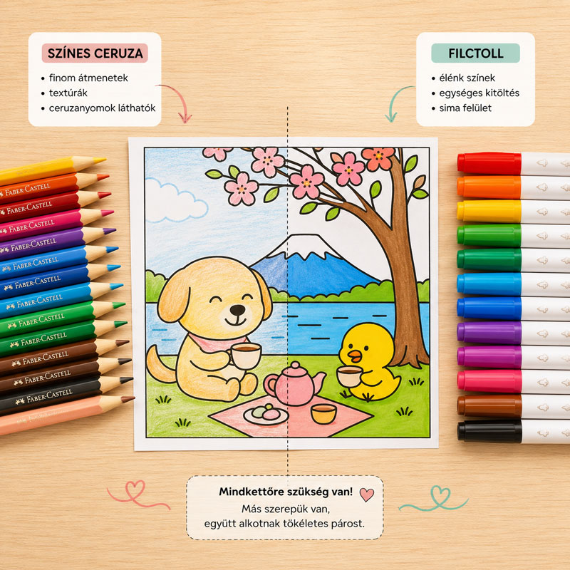 Színes ceruza és filctoll összehasonlítása elsős rajzfelszereléshez egy kawaii színezőlapon.