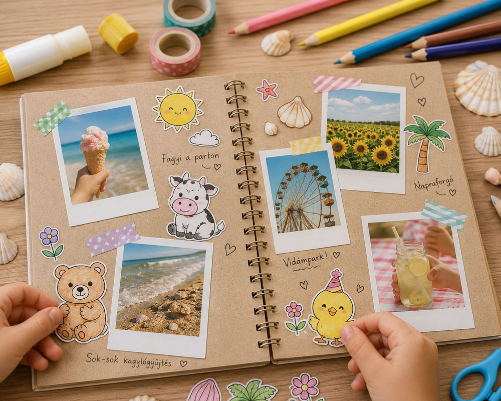 Nyári emlékalbum készítése scrapbook technikával színezőkből és fotókból gyerekeknek.