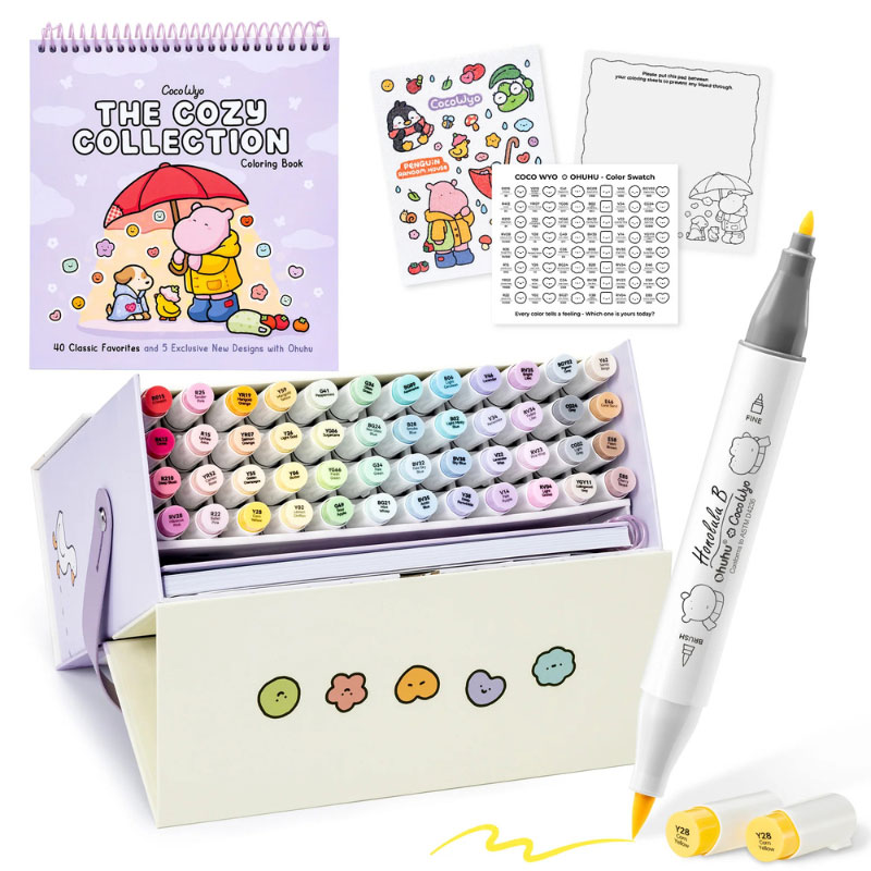 Coco Wyo x Ohuhu filctoll szett 48 markerrel és spirálozott Cozy Collection színezőkönyvvel