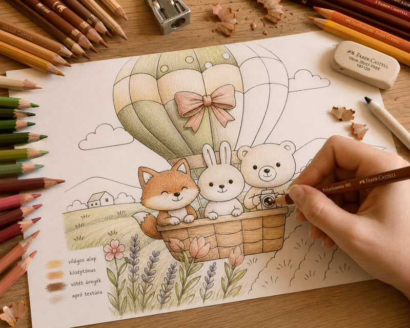 Kawaii színezőlap részletgazdag árnyékolása színes ceruzával, kihegyezett ceruzák, radír és hegyező egy fa íróasztalon.
