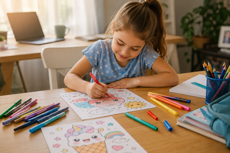 Kislány kawaii színezőlapot színez színes ceruzákkal otthon – kreatív unaloműző elfoglaltság gyerekeknek iskolakezdés előtt.
