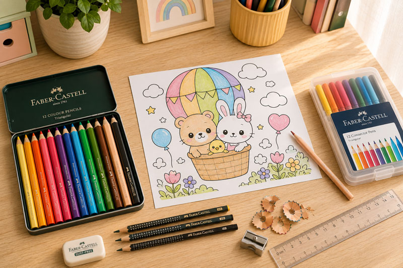 Színes ceruzák, filctollak és kawaii színezőlap kreatív unaloműző elfoglaltsághoz iskolakezdés előtt.